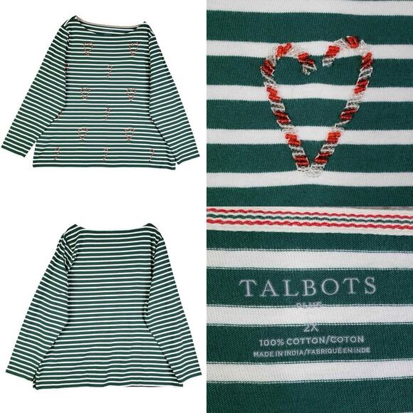 Talbots Shirt Women’s Plus Size 2X Striped Green Christmas Candy Cane New - Picture 1 of 10